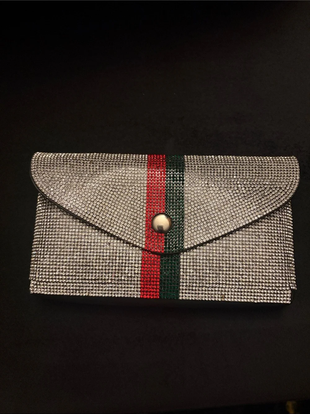 Clutch’- Silver Crystal Envelope with Red and Green Stripe, loop for belt attach